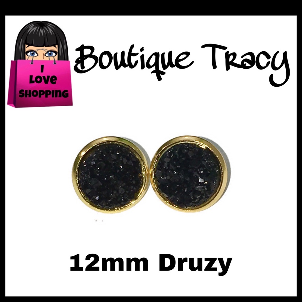 Black Druzy 12mm Round Gold Setting Stud Earrings